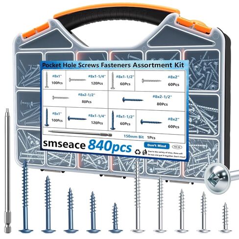 smseace 840Pcs Pocket Hole Screws Assortment Kit #8 x 1, 1-1/4", 1-1/2", 2", 2-1/2" Blue Coated and Zinc Coated Square Drive Pocket Screws with 150mm Drive Bit Wood Screw Set in Saudi Arabia