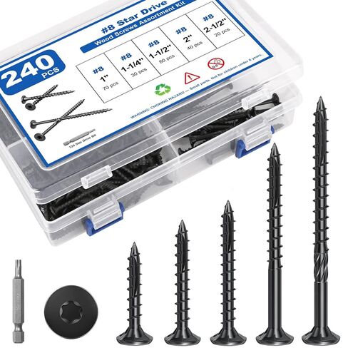 240Pcs Deck Screws, #8 Wood Screws Assortment Kit, 5Sizes Assorted Screw Set, Rust Resistant Torx Screws with Flat Head, Black Screw Kit for Woodworking Projects, Star Bit Included in Saudi Arabia