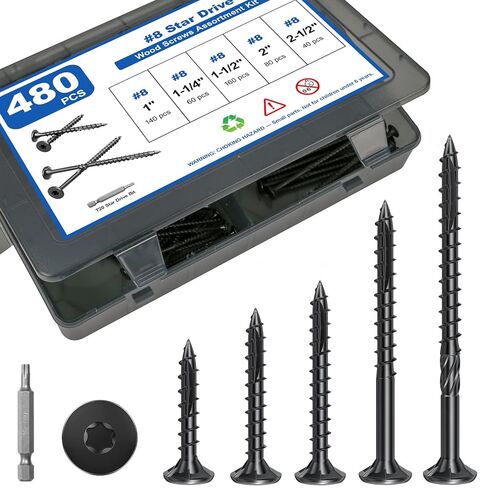 240Pcs Deck Screws, #8 Wood Screws Assortment Kit, 5Sizes Assorted Screw Set, Rust Resistant Torx Screws with Flat Head, Black Screw Kit for Woodworking Projects, Star Bit Included in Saudi Arabia