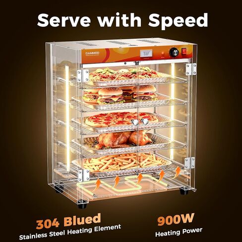 CAMMOO 133Qt 5-Tier 900W Electric Food Warmer with LED Light and 304 Blued Stainless Steel Heating Element, Commercial-Graded All Stainless Steel, Adjustable Shelf, Countertop Heated Holding Cabinet in Kuwait
