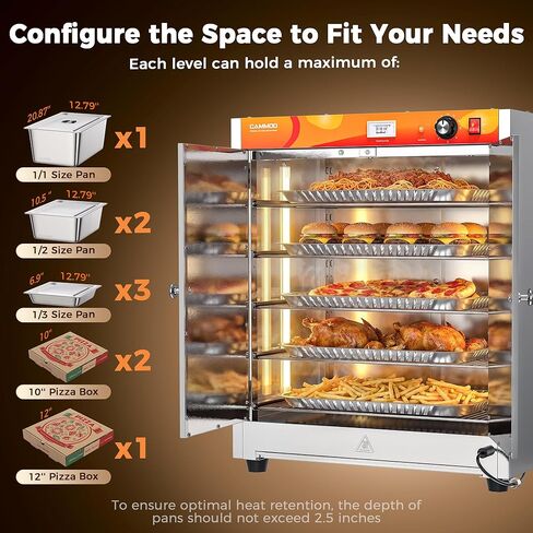 CAMMOO 133Qt 5-Tier 900W Electric Food Warmer with LED Light and 304 Blued Stainless Steel Heating Element, Commercial-Graded All Stainless Steel, Adjustable Shelf, Countertop Heated Holding Cabinet in Kuwait