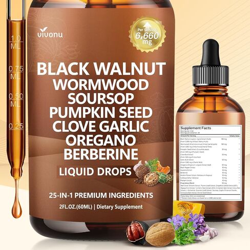 25-in-1 Liposomal Black Walnut Wormwood Clove Tincture, Cleanse for Humans Drops Liquid, Lymphatic Support with Garlic, Mullein, Soursop, Pumpkin Seed, Berberine, Turmeric, Echinacea, Cinnamon in Kuwait