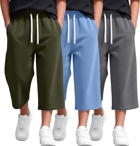 3 Pack Boys Capri Pants 3/4 Wide Leg Drawstring Lightweight Cropped Sweatpants with Pockets Kids 6-16 Years in Saudi Arabia