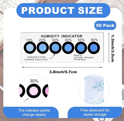 50 Pack Humidity Indicator Cards, 6 Spot 10-60% Blue to Pink, Humidity Strips, Reusable Packs Accurate Monitoring for Jars, Curing Bags, Storage and Long Preservation in Saudi Arabia
