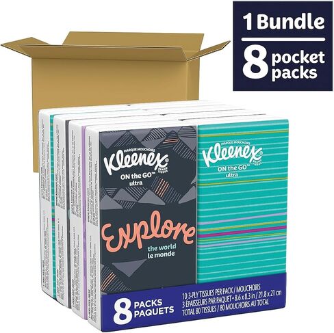 Kleenex 46651 On The Go Packs Facial Tissues, 3-Ply, White, 10 Sheets/Pouch, 8 Pouches/Pack in Saudi Arabia