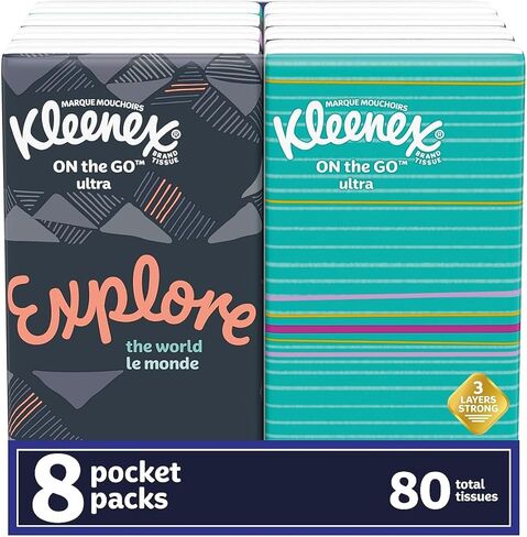 Kleenex 46651 On The Go Packs Facial Tissues, 3-Ply, White, 10 Sheets/Pouch, 8 Pouches/Pack in Saudi Arabia
