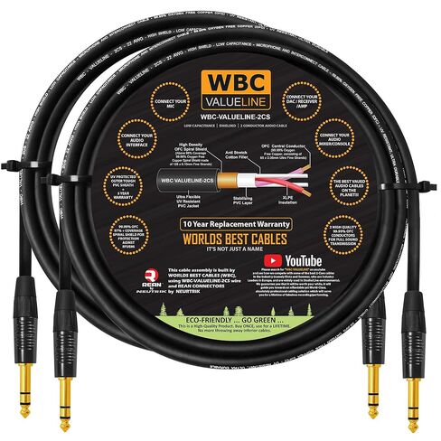 WBC-VALUELINE-2CS (22 AWG) - 2 Units - 3 Foot - Low-Capacitance Shielded Balanced Flexible Interconnect Cables with Neutrik-Rean ¼ Inch (6.35mm) Gold Straight TRS Stereo Phone Plugs in Saudi Arabia