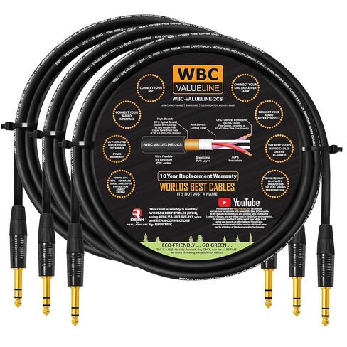 WBC-VALUELINE-2CS (22 AWG) - 3 Units - 6 Foot - Low-Capacitance Shielded Balanced Flexible Interconnect Cables with Neutrik-Rean ¼ Inch (6.35mm) Gold Straight TRS Stereo Phone Plugs in Saudi Arabia