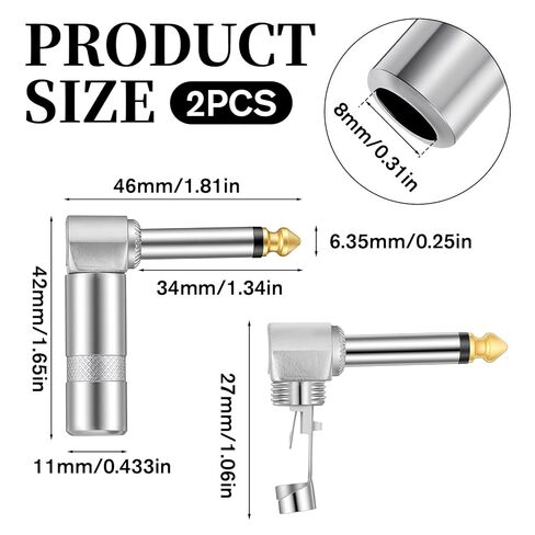 2 Pack Right Angle Plug Adapter, 1/4 Inch TS Mono Plug, 90 Degree PlugAdapter, Solder Type DIY Audio Connector, Metal Housing for Guitar Speaker Microphone Cable Repair in Saudi Arabia