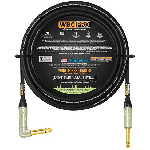30 قدم - جيتار WBC-PRO - 20 AWG - غطاء منخفض (18pF/قدم) - درجة احترافية - قائم على الجرافيت - جيتار مزدوج الحماية، باس، كابل أداة مع موصلات Amphenol QM2R-AU وQM2P-AU ¼ بوصة (6.35 مم) ذهبية TS in Saudi Arabia
