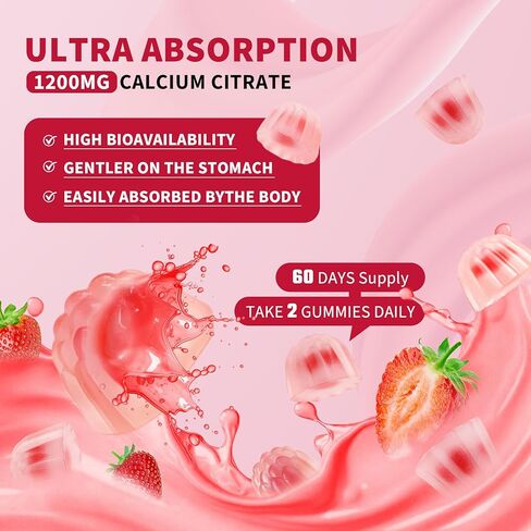 120 قيراط من الكالسيوم 1200 ملغ مع فيتامين D3 K2 علكات للبالغين، مكملات سيترات الكالسيوم علكة للنساء والرجال - علكات الكالسيوم مع المغنيسيوم والزنك، B6، B12 - مكملات الكالسيوم ذات الامتصاص الإضافي in Kuwait