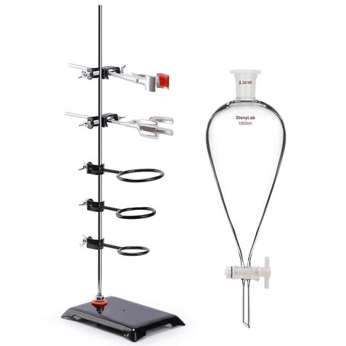 stonylab Separatory Funnel and Lab Stand Set Bundle, Conical Separatory Funnel with 24/40 Joints and PTFE Stopcock - 1L and Laboratory Stand Support Metalware Steel Support Stand in Saudi Arabia