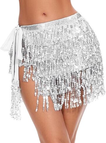 6 Pcs Halloween Women Alien Costume Accessory, Silver Sequin Tassel Skirt Alien Antenna Headband and Glitter for Halloween Cosplay Belly Dance Christmas Rave Party in Kuwait