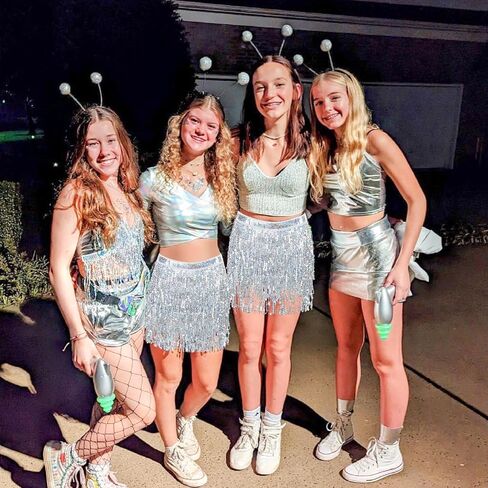 6 Pcs Halloween Women Alien Costume Accessory, Silver Sequin Tassel Skirt Alien Antenna Headband and Glitter for Halloween Cosplay Belly Dance Christmas Rave Party in Kuwait