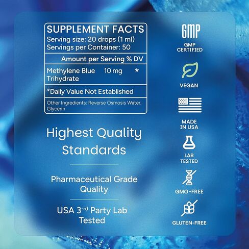 Methylene Blue Drops 1% USP Grade – Mental Clarity & Cellular Energy Support – Pharmaceutical Grade, 3rd Party Tested, No Alcohol or Formaldehyde – Made in USA – 50 ml (1.7 oz) – Harmonex in Saudi Arabia