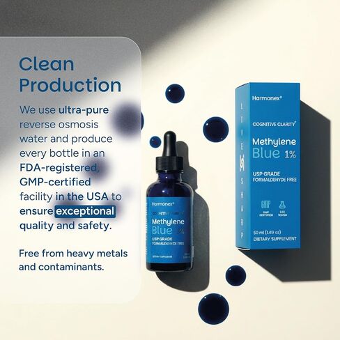 Methylene Blue Drops 1% USP Grade – Mental Clarity & Cellular Energy Support – Pharmaceutical Grade, 3rd Party Tested, No Alcohol or Formaldehyde – Made in USA – 50 ml (1.7 oz) – Harmonex in Saudi Arabia