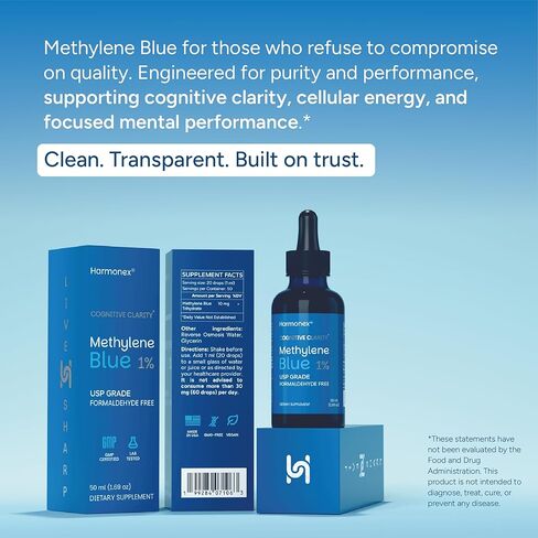 Methylene Blue Drops 1% USP Grade – Mental Clarity & Cellular Energy Support – Pharmaceutical Grade, 3rd Party Tested, No Alcohol or Formaldehyde – Made in USA – 50 ml (1.7 oz) – Harmonex in Saudi Arabia