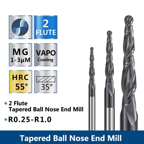 4pcs 2-Flute Tapered Ball Nose Spiral End Mill R0.25-R1.0 TiAIN Coated CNC Milling Cutter 3.175mm Shank Carbide Woodworking Engraving Bit in Saudi Arabia