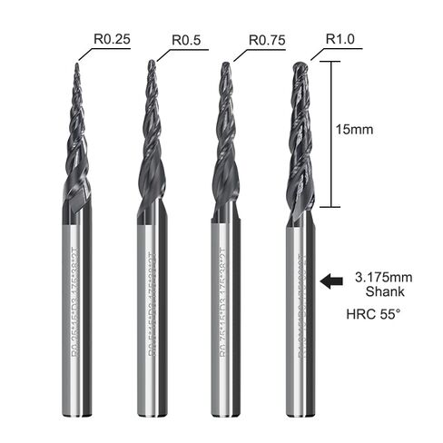 4pcs 2-Flute Tapered Ball Nose Spiral End Mill R0.25-R1.0 TiAIN Coated CNC Milling Cutter 3.175mm Shank Carbide Woodworking Engraving Bit in Saudi Arabia