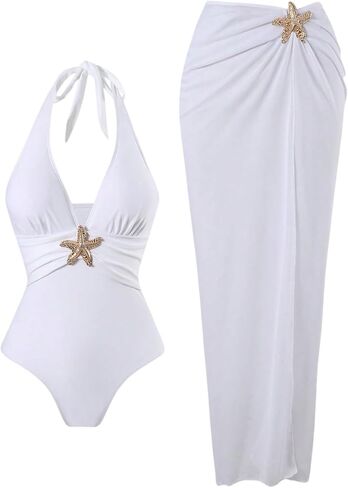 GORGLITTER Women's Metallic Starfish One Piece Swimsuit Ruched Halter Deep V Neck Bathing Suit with Cover Up Skirt in Saudi Arabia