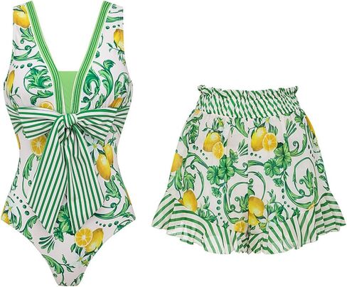 FLAXMAKER Women's One Piece Lemon Pattern V Neck Lace up Bow Tie Swimsuit and Ruffled Layered Skirt/Shorts in Saudi Arabia