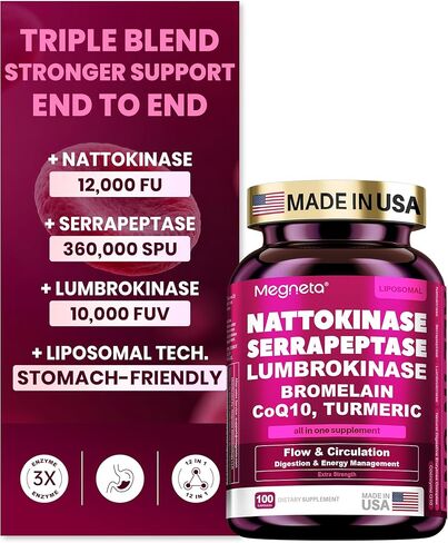 Nattokinase Supplement 12,000 FU (Max Strength) Serrapeptase 360,000 sPU, Lumbrokinase 10,000 FUV & CoQ10 -Systemic Enzymes Complex for Cardiovascular & Circulatory Health Support-100 Capsule in Kuwait