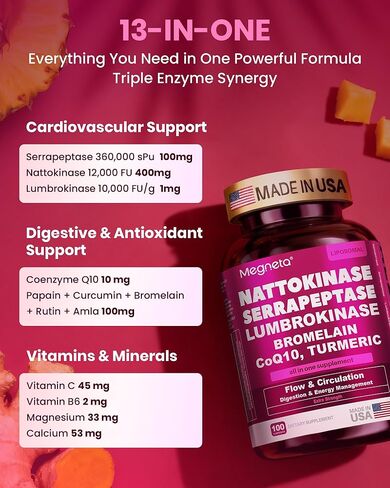 Nattokinase Supplement 12,000 FU (Max Strength) Serrapeptase 360,000 sPU, Lumbrokinase 10,000 FUV & CoQ10 -Systemic Enzymes Complex for Cardiovascular & Circulatory Health Support-100 Capsule in Kuwait