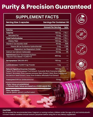 Nattokinase Supplement 12,000 FU (Max Strength) Serrapeptase 360,000 sPU, Lumbrokinase 10,000 FUV & CoQ10 -Systemic Enzymes Complex for Cardiovascular & Circulatory Health Support-100 Capsule in Kuwait