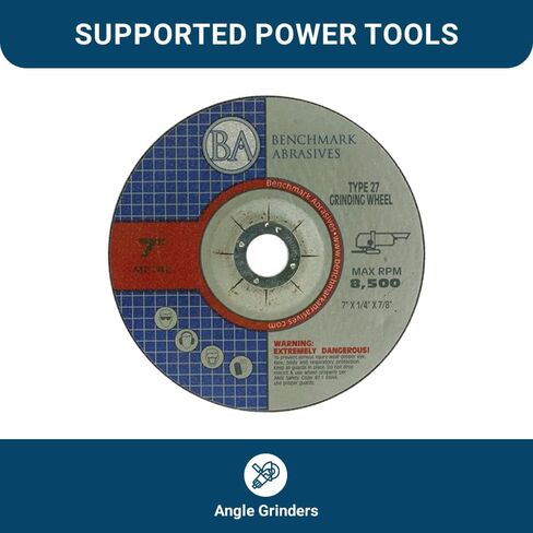 Benchmark Abrasives 7" Aluminum Oxide Pro Depressed Center Grinding Wheel, 1/4" Thick, 7/8" Arbor for Cutting Grinding Stock Removal on Metal, Steel, Cast Iron - 25 Pack in Saudi Arabia