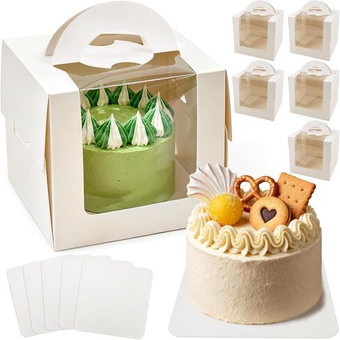RAINFLOW 5Pack Cake Boxes with Windows 6.3x6.3x6 Inch Fits Under 5 Inch Cake Box with Portable Carry Handle & Board,Cakes Carriers Hold Cakes,Cookies,Pastries for Wedding, Birthday, Christmas, Party in Saudi Arabia
