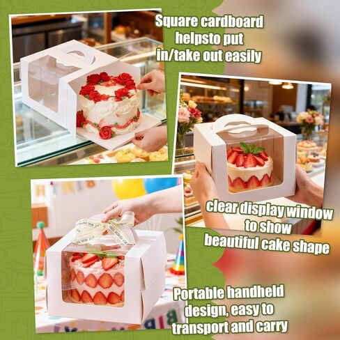 RAINFLOW 5Pack Cake Boxes with Windows 6.3x6.3x6 Inch Fits Under 5 Inch Cake Box with Portable Carry Handle & Board,Cakes Carriers Hold Cakes,Cookies,Pastries for Wedding, Birthday, Christmas, Party in Saudi Arabia
