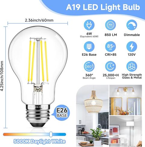 ASOMST Dimmable A19 LED Filament Bulb 60W Equivalent, 6W Vintage Edison Light Bulbs 5000K Daylight White 850 LM, Clear Glass, E26 Base, 4 Pack in Saudi Arabia