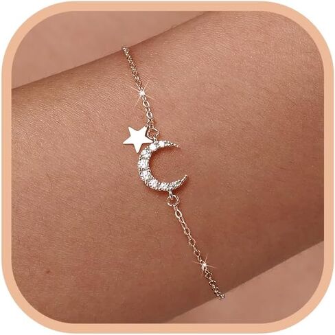 SUYACS 925 Sterling Silver Star Moon Bracelets for Women Dainty 14K Gold Plated CZ Crescent Link Bracelet Lucky Friendship Charm Chain Bangle Jewelry Birthday Gifts for Mom Daughter Friends in Kuwait