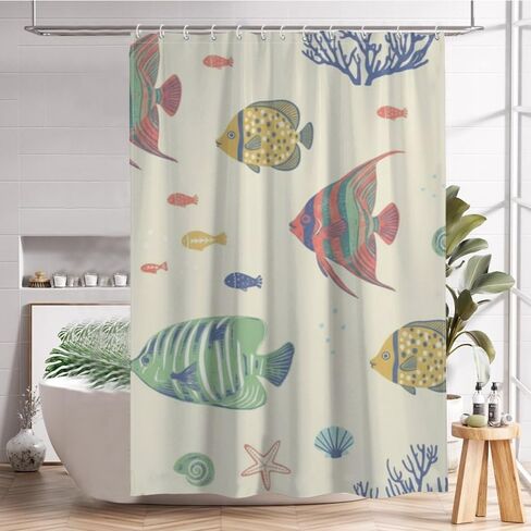 ستارة حمام بنمط نجم البحر مع خطافات، ستارة دش صيفية مقاومة للماء حديثة، ستائر ممتعة للعطلات من القماش قابلة للغسل لديكور حوض الاستحمام مقاس 48 × 72 بوصة in Kuwait