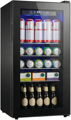 ثلاجة المشروبات، 160 علبة ثلاجة صغيرة قائمة بذاتها مع باب زجاجي لنبيذ الصودا والبيرة، موزع مشروبات صغير مع تحكم في درجة الحرارة قابل للتعديل للمنزل والمكتب، أسود in Kuwait