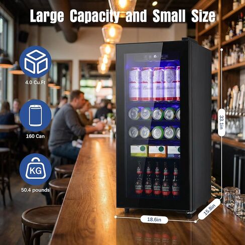 ثلاجة المشروبات، 160 علبة ثلاجة صغيرة قائمة بذاتها مع باب زجاجي لنبيذ الصودا والبيرة، موزع مشروبات صغير مع تحكم في درجة الحرارة قابل للتعديل للمنزل والمكتب، أسود in Kuwait