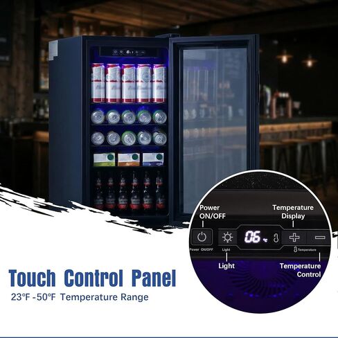 ثلاجة المشروبات، 160 علبة ثلاجة صغيرة قائمة بذاتها مع باب زجاجي لنبيذ الصودا والبيرة، موزع مشروبات صغير مع تحكم في درجة الحرارة قابل للتعديل للمنزل والمكتب، أسود in Kuwait