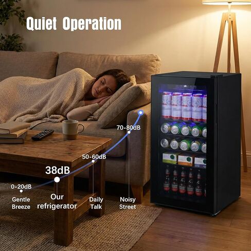 ثلاجة المشروبات، 160 علبة ثلاجة صغيرة قائمة بذاتها مع باب زجاجي لنبيذ الصودا والبيرة، موزع مشروبات صغير مع تحكم في درجة الحرارة قابل للتعديل للمنزل والمكتب، أسود in Kuwait
