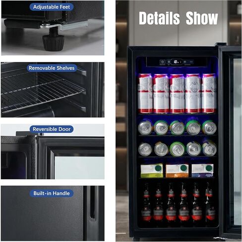 ثلاجة المشروبات، 160 علبة ثلاجة صغيرة قائمة بذاتها مع باب زجاجي لنبيذ الصودا والبيرة، موزع مشروبات صغير مع تحكم في درجة الحرارة قابل للتعديل للمنزل والمكتب، أسود in Kuwait