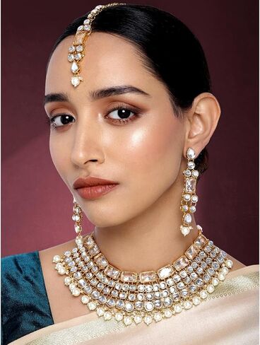 Aheli Faux Kundan Choker Necklace with Earring Maang Tikka Indian Traditional Bollywood Ethnic Bridal Jewelry Set Gift for Women and Green in Saudi Arabia