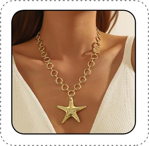 INENIMARTJ Gold Starfish Necklace for Women Chunky Gold Necklace Large Starfish Pendant Choker Necklaces Summer Ocean Beach Dresses Jewelry Boho Sea Star Necklaces for Women Beach Party Jewelry in Saudi Arabia