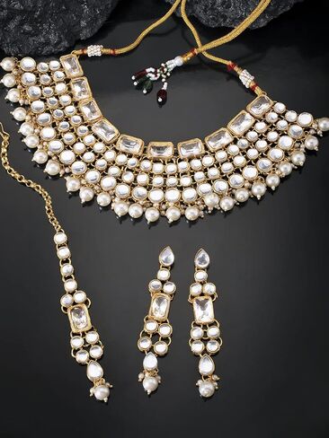Aheli Faux Kundan Choker Necklace with Earring Maang Tikka Indian Traditional Bollywood Ethnic Bridal Jewelry Set Gift for Women and Green in Saudi Arabia