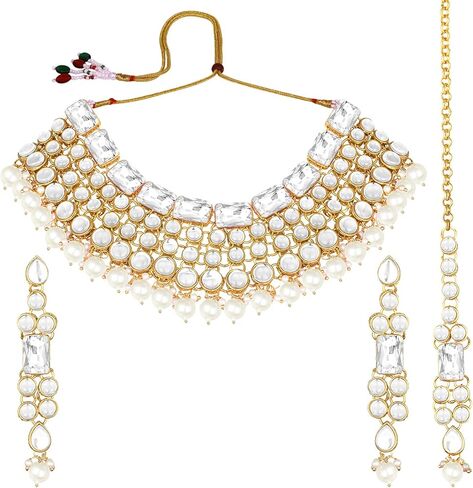 Aheli Faux Kundan Choker Necklace with Earring Maang Tikka Indian Traditional Bollywood Ethnic Bridal Jewelry Set Gift for Women and Green in Saudi Arabia