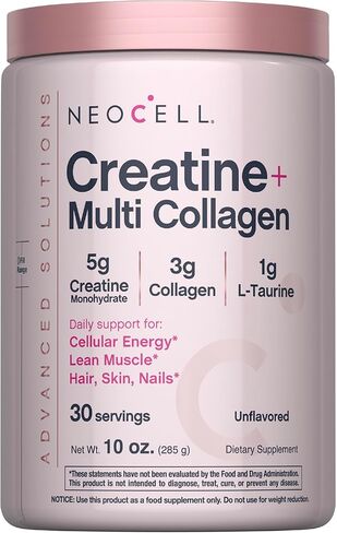 NeoCell Creatine Monohydrate Powder | 10 oz | with Multi Collagen Peptides | Hair, Skin & Nails Supplement | Unflavored | for Women and Men in Kuwait