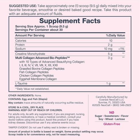 NeoCell Creatine Monohydrate Powder | 10 oz | with Multi Collagen Peptides | Hair, Skin & Nails Supplement | Unflavored | for Women and Men in Kuwait