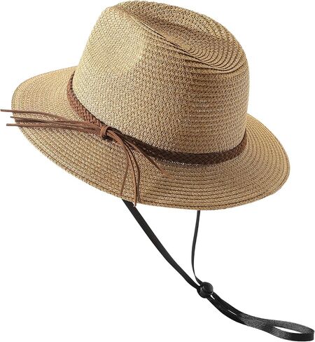 قبعات شاطئ Dofowork للنساء - قطرات Sun Straw Fedora للنساء ، ومستحضرات Sun Hat القابلة للتعبئة مع حزام الذقن ، UPF 50+ in Kuwait