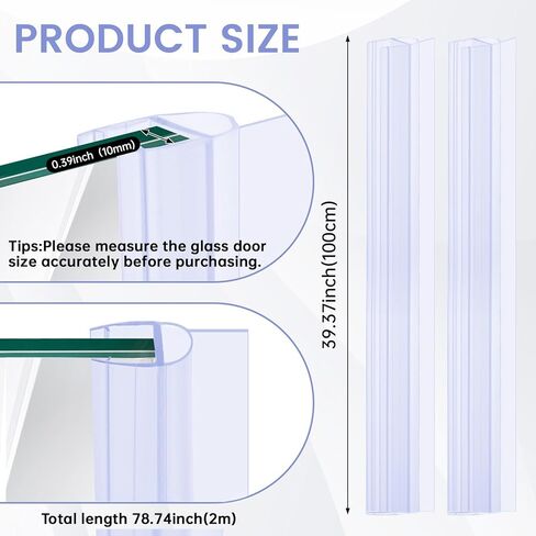 2 Pack Frameless Glass Shower Door Side Seal Strip, 39.37" U-Type PVC Waterproof Seal for 3/8" (10mm) Glass, No Adhesive Needed to Stop Shower Leaks in Kuwait