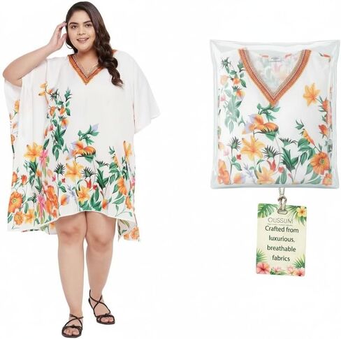 OUSSUM القصير القصير للنساء بالإضافة إلى الحجم KAFTAN TUNIC TOPS POLYESTER Summer Beach Clothing Mini Cover Ups Dress للسيدات in Kuwait