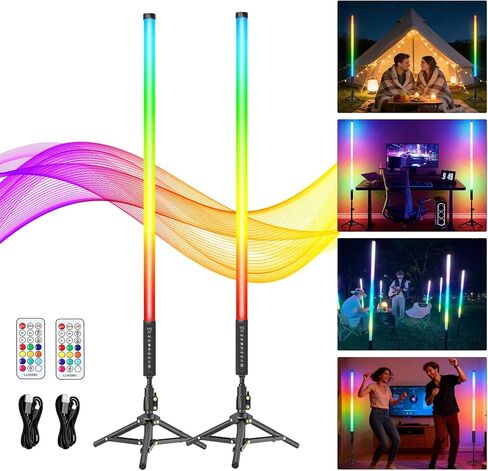 2 Pack 4ft RGB Tube Light with Stand, 5000mAh Battery Light Tube, 500 Lighting Modes, 2.4G Remote, Dimmable Neon LED Video Light Bar for Photography Studio DJ Party Wedding Stage Lighting in Kuwait