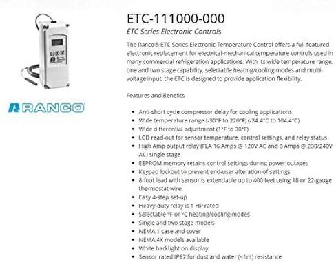 RANCO ETC-111000-000 التحكم الإلكتروني في درجة الحرارة، SPDT، فتح/إغلاق عند الارتفاع، أبيض، منظمات حرارة HVAC in Kuwait